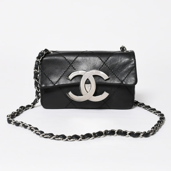 極美品 CHANEL シャネル ワイルドステッチ ミニチェーンショルダーバッグ 9番台 ココマーク ラムスキン ブラック シルバー金具 中古 4a009388