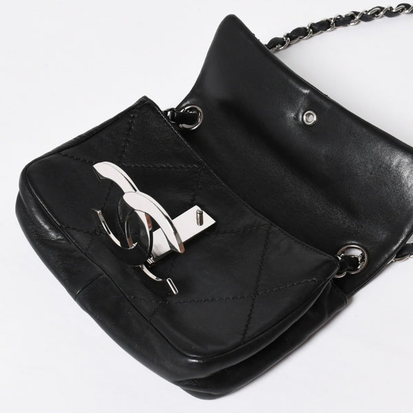 極美品 CHANEL シャネル ワイルドステッチ ミニチェーンショルダーバッグ 9番台 ココマーク ラムスキン ブラック シルバー金具 中古 4a009388