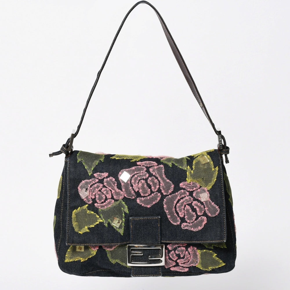 FENDI フェンディ マンマバケット ワンショルダーバッグ 26325 デニム フローラル ヴィンテージ シルバー金具 美品 中古 4a009731