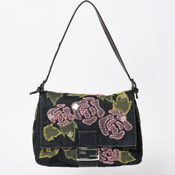 FENDI Mamma Bucket One Shoulder Bag 26325 Denim Floral Vintage Silver Hardware Good Condition Used 4a009731
