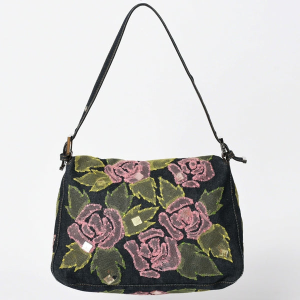 FENDI Mamma Bucket One Shoulder Bag 26325 Denim Floral Vintage Silver Hardware Good Condition Used 4a009731