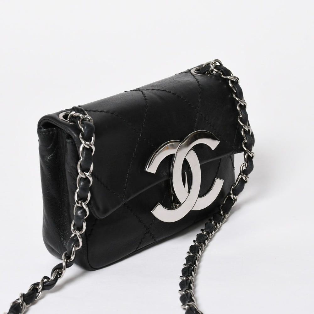 Very Good Condition CHANEL Wild Stitch Mini Chain Shoulder Bag No. 9 Coco Mark Lambskin Black Silver Hardware Used 4a009388
