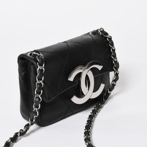 極美品 CHANEL シャネル ワイルドステッチ ミニチェーンショルダーバッグ 9番台 ココマーク ラムスキン ブラック シルバー金具 中古 4a009388