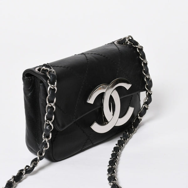 極美品 CHANEL シャネル ワイルドステッチ ミニチェーンショルダーバッグ 9番台 ココマーク ラムスキン ブラック シルバー金具 中古 4a009388