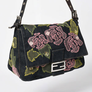 FENDI Mamma Bucket One Shoulder Bag 26325 Denim Floral Vintage Silver Hardware Good Condition Used 4a009731