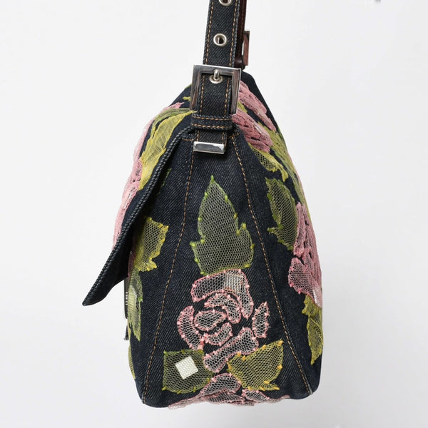 FENDI Mamma Bucket One Shoulder Bag 26325 Denim Floral Vintage Silver Hardware Good Condition Used 4a009731