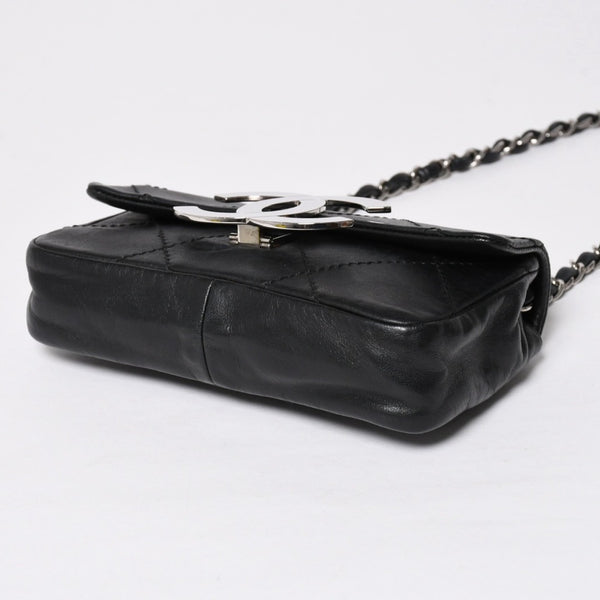 極美品 CHANEL シャネル ワイルドステッチ ミニチェーンショルダーバッグ 9番台 ココマーク ラムスキン ブラック シルバー金具 中古 4a009388