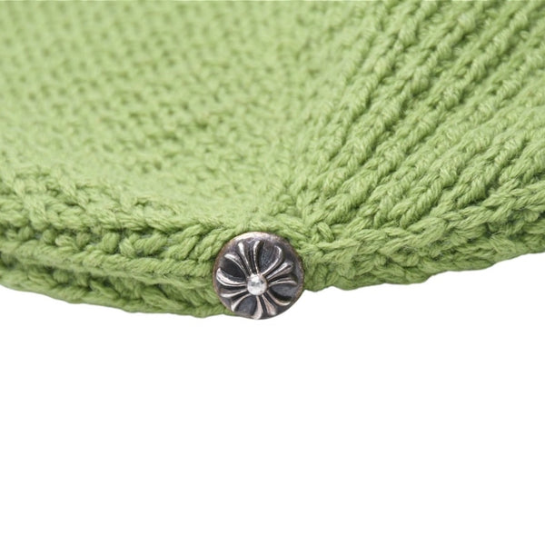 新品未使用 CHROME HEARTS クロムハーツ Hit＆Run Beanie ワッフルニット クロスボールボタン付き カシミヤ グリーン シルバー金具 中古 4a009362