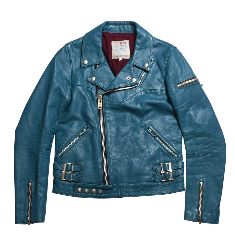 UNDERCOVER UISM REBEL CLOTHES Cowhide Double Riders Jacket B1205 Size 2 Turquoise Blue Jun Takahashi Silver Hardware Good Condition Used 4a009459