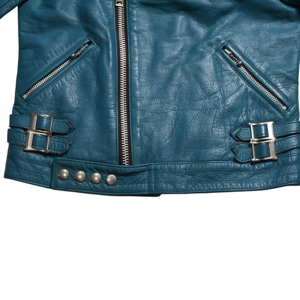 UNDERCOVER UISM REBEL CLOTHES Cowhide Double Riders Jacket B1205 Size 2 Turquoise Blue Jun Takahashi Silver Hardware Good Condition Used 4a009459