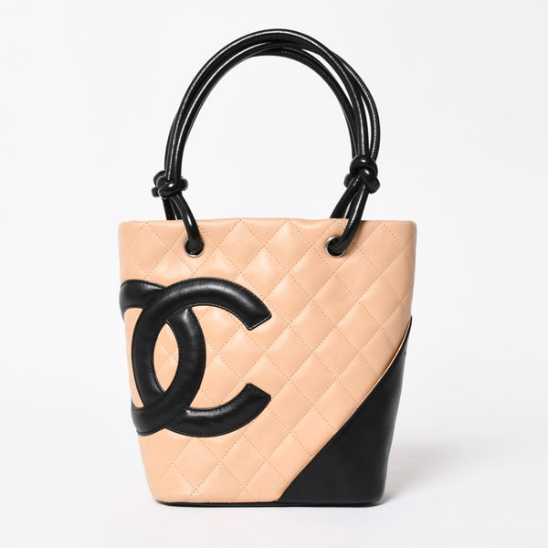 極美品 CHANEL シャネル カンボンライン ハンドバッグ 9番台 ココマーク パッチ レザー ブラック ベージュ シルバー金具 中古 4a009602