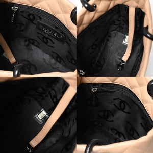 極美品 CHANEL シャネル カンボンライン ハンドバッグ 9番台 ココマーク パッチ レザー ブラック ベージュ シルバー金具 中古 4a009602