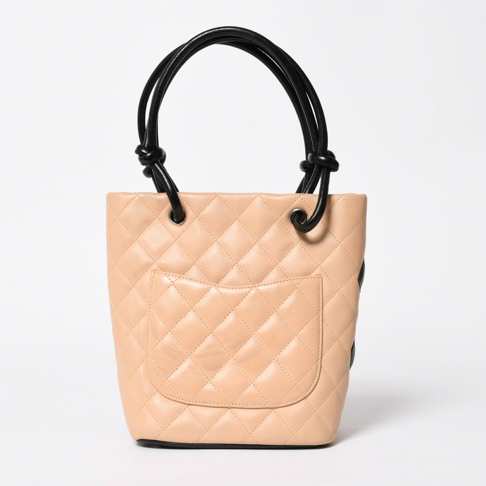 Very Good Condition CHANEL Cambon Line Handbag No. 9 Coco Mark Patch Leather Black Beige Silver Hardware Used 4a009602