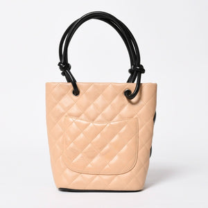 極美品 CHANEL シャネル カンボンライン ハンドバッグ 9番台 ココマーク パッチ レザー ブラック ベージュ シルバー金具 中古 4a009602
