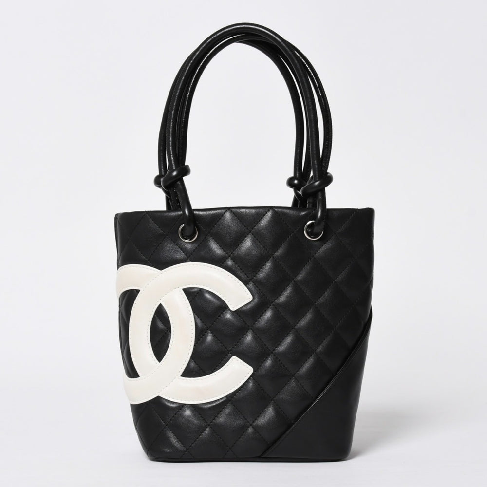 Very Good Condition CHANEL Cambon Line Handbag No. 9 Coco Mark Leather Black White Silver Hardware Used 4a010016