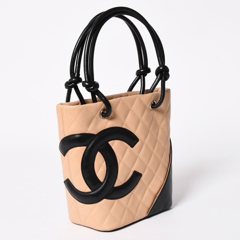 Very Good Condition CHANEL Cambon Line Handbag No. 9 Coco Mark Patch Leather Black Beige Silver Hardware Used 4a009602