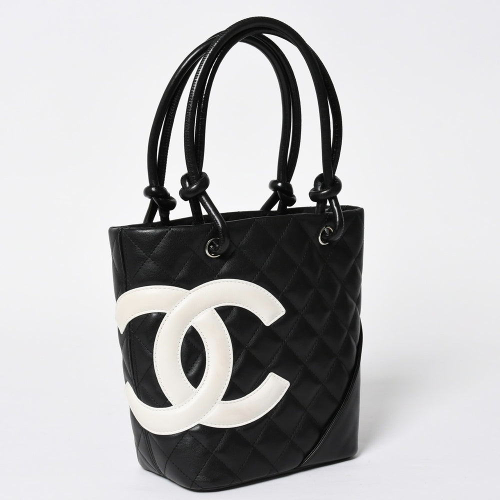 Very Good Condition CHANEL Cambon Line Handbag No. 9 Coco Mark Leather Black White Silver Hardware Used 4a010016