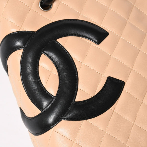 極美品 CHANEL シャネル カンボンライン ハンドバッグ 9番台 ココマーク パッチ レザー ブラック ベージュ シルバー金具 中古 4a009602