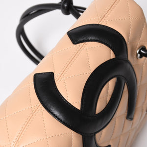 極美品 CHANEL シャネル カンボンライン ハンドバッグ 9番台 ココマーク パッチ レザー ブラック ベージュ シルバー金具 中古 4a009602