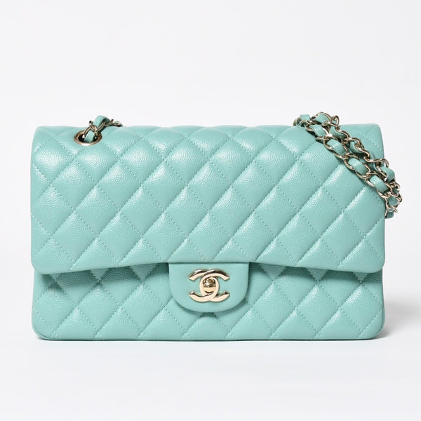 新品同様 CHANEL シャネル マトラッセ25 Wフラップ Wチェーンショルダーバッグ ターコイズブルー A01112 31番台 ココマーク キャビアスキン 中古 4a009604