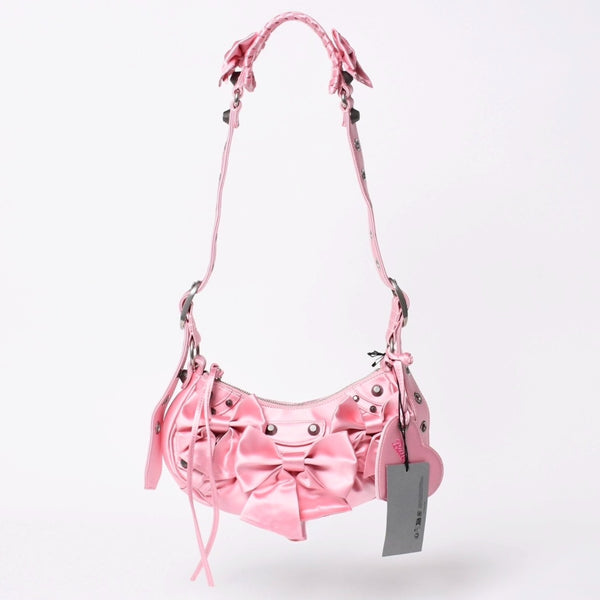 極美品 BALENCIAGA バレンシアガ ルカゴールXS リボン ショルダーバッグ 671309 サテン ピンク シルバー金具 中古 4a009269