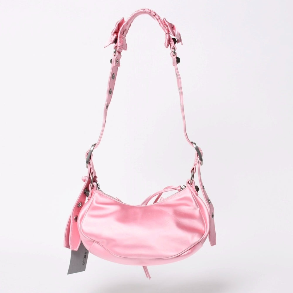極美品 BALENCIAGA バレンシアガ ルカゴールXS リボン ショルダーバッグ 671309 サテン ピンク シルバー金具 中古 4a009269