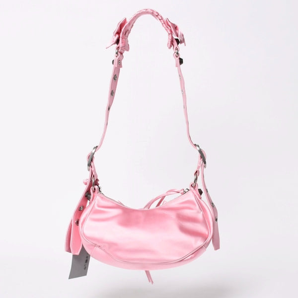 極美品 BALENCIAGA バレンシアガ ルカゴールXS リボン ショルダーバッグ 671309 サテン ピンク シルバー金具 中古 4a009269
