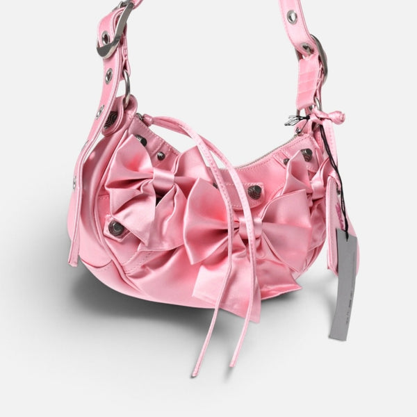極美品 BALENCIAGA バレンシアガ ルカゴールXS リボン ショルダーバッグ 671309 サテン ピンク シルバー金具 中古 4a009269