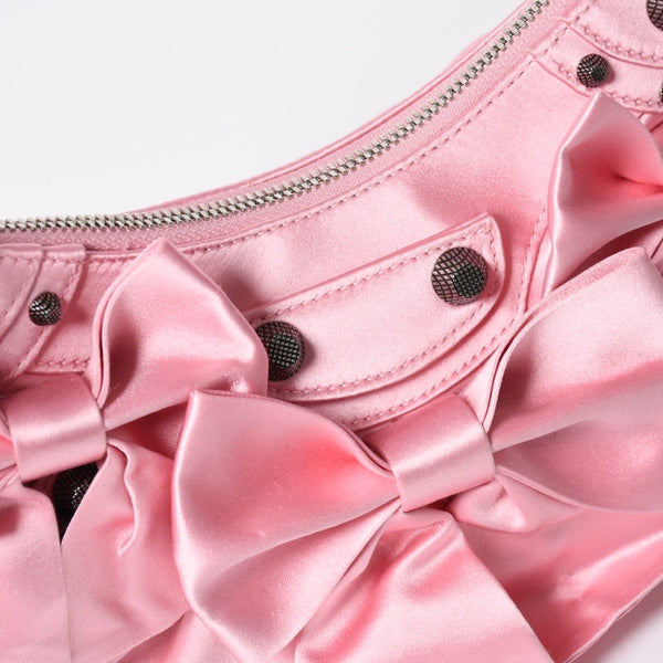 極美品 BALENCIAGA バレンシアガ ルカゴールXS リボン ショルダーバッグ 671309 サテン ピンク シルバー金具 中古 4a009269