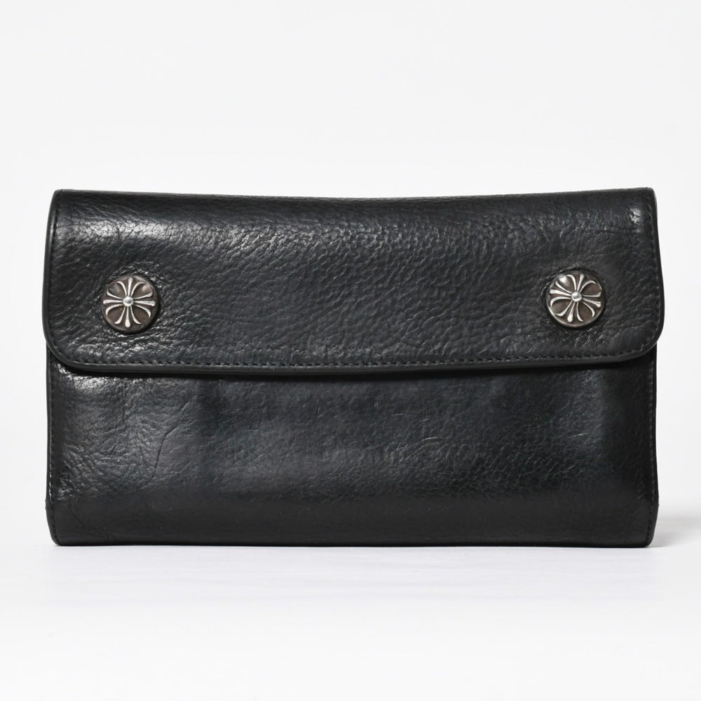 CHROME HEARTS クロムハーツ WAVE CROSS BTN ウェーブ クロスボールボタン レザーウォレット 長財布 ダガー ブラック 美品 中古 4a009608