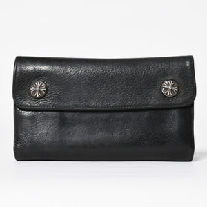 CHROME HEARTS クロムハーツ WAVE CROSS BTN ウェーブ クロスボールボタン レザーウォレット 長財布 ダガー ブラック 美品 中古 4a009608