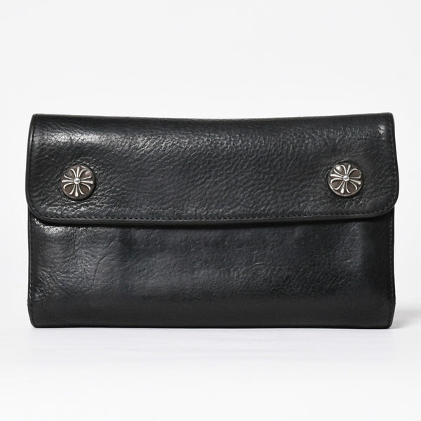 CHROME HEARTS クロムハーツ WAVE CROSS BTN ウェーブ クロスボールボタン レザーウォレット 長財布 ダガー ブラック 美品 中古 4a009608