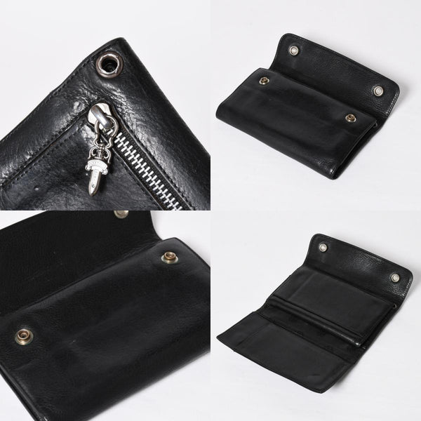CHROME HEARTS クロムハーツ WAVE CROSS BTN ウェーブ クロスボールボタン レザーウォレット 長財布 ダガー ブラック 美品 中古 4a009608