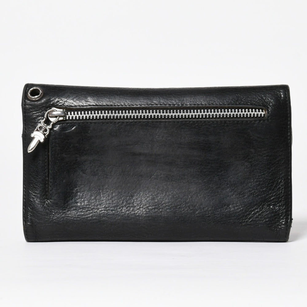 CHROME HEARTS クロムハーツ WAVE CROSS BTN ウェーブ クロスボールボタン レザーウォレット 長財布 ダガー ブラック 美品 中古 4a009608