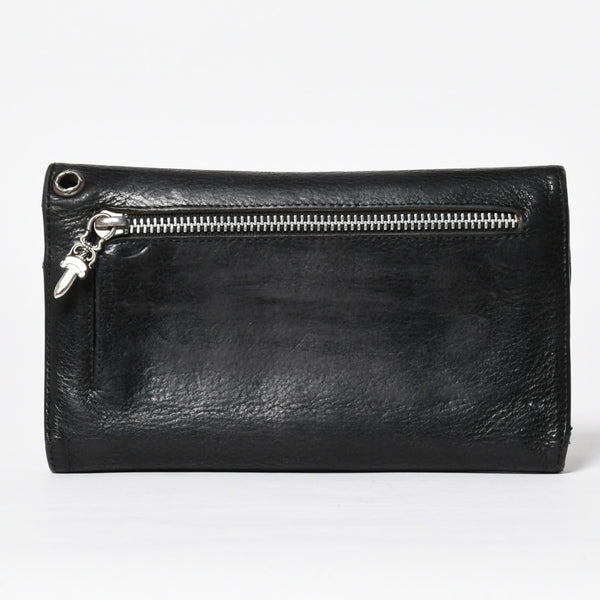 CHROME HEARTS クロムハーツ WAVE CROSS BTN ウェーブ クロスボールボタン レザーウォレット 長財布 ダガー ブラック 美品 中古 4a009608