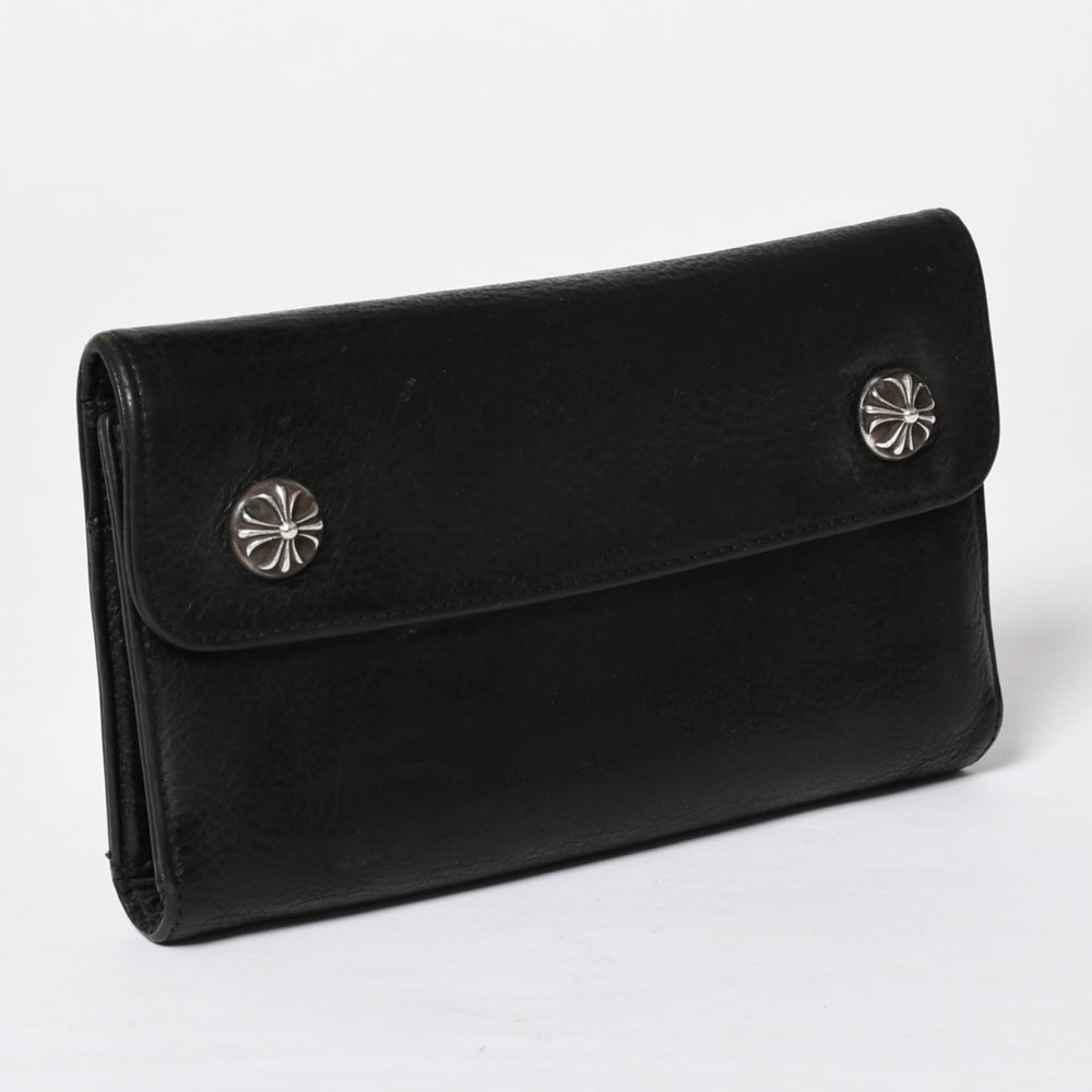CHROME HEARTS クロムハーツ WAVE CROSS BTN ウェーブ クロスボールボタン レザーウォレット 長財布 ダガー ブラック 美品 中古 4a009608