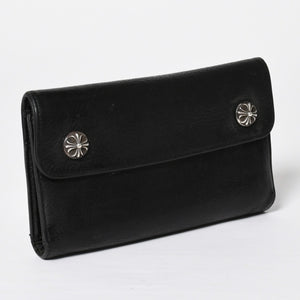 CHROME HEARTS クロムハーツ WAVE CROSS BTN ウェーブ クロスボールボタン レザーウォレット 長財布 ダガー ブラック 美品 中古 4a009608