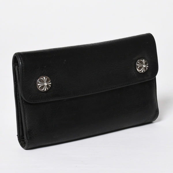 CHROME HEARTS クロムハーツ WAVE CROSS BTN ウェーブ クロスボールボタン レザーウォレット 長財布 ダガー ブラック 美品 中古 4a009608