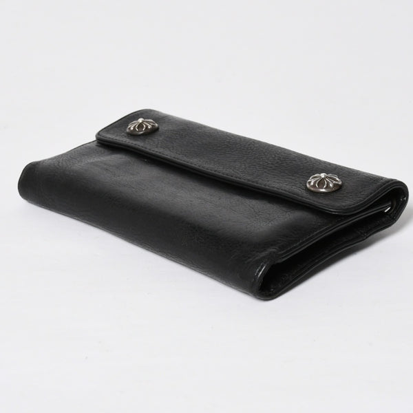 CHROME HEARTS クロムハーツ WAVE CROSS BTN ウェーブ クロスボールボタン レザーウォレット 長財布 ダガー ブラック 美品 中古 4a009608