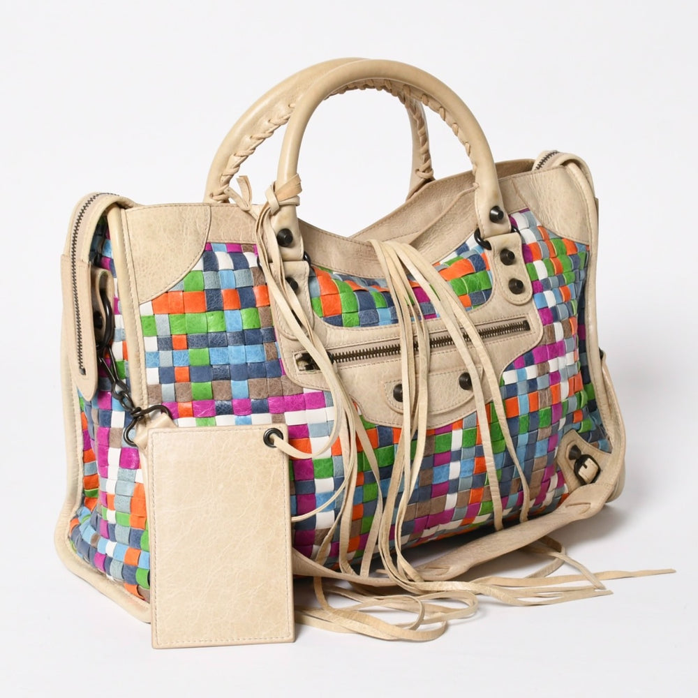 Very Good Condition BALENCIAGA THE CITY 2WAY Bag 115748 Lambskin Ivory Multicolor Used 4a009624