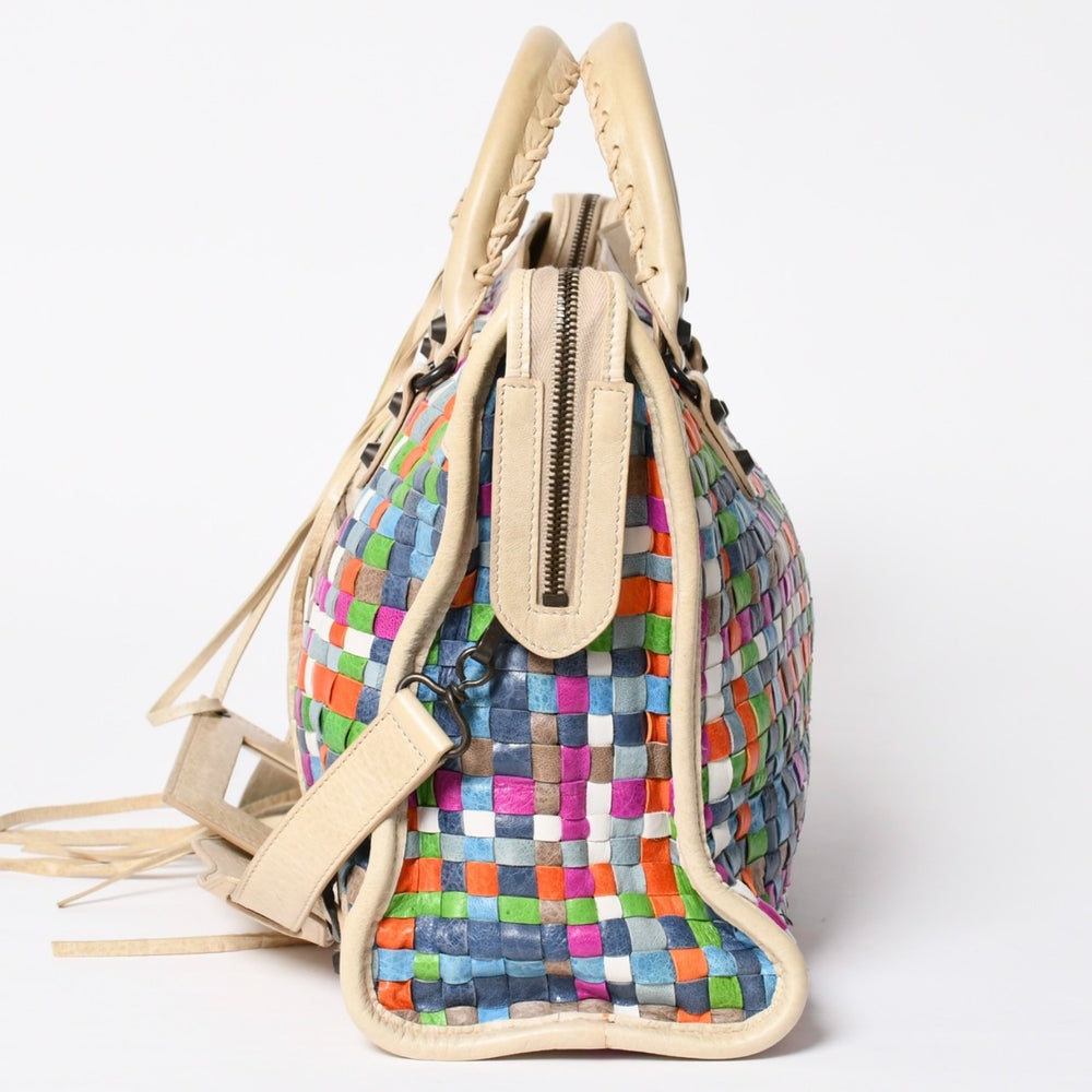 Very Good Condition BALENCIAGA THE CITY 2WAY Bag 115748 Lambskin Ivory Multicolor Used 4a009624