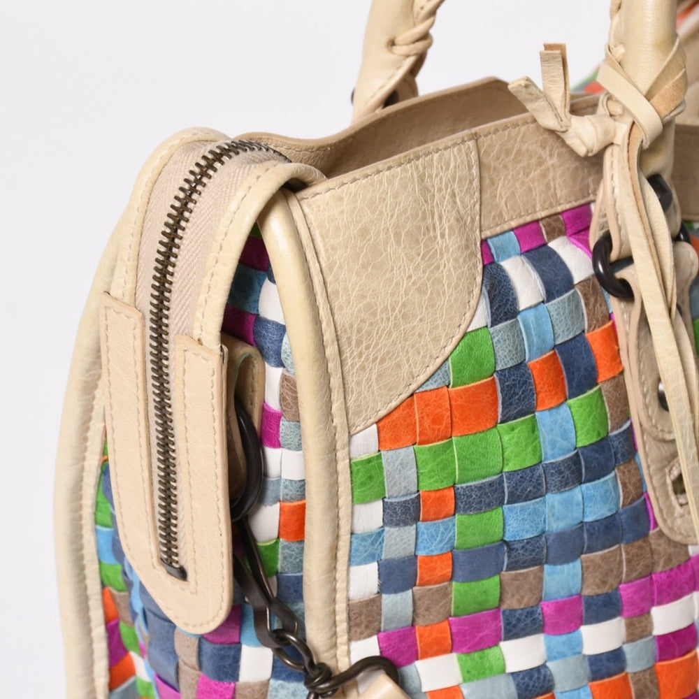 Very Good Condition BALENCIAGA THE CITY 2WAY Bag 115748 Lambskin Ivory Multicolor Used 4a009624