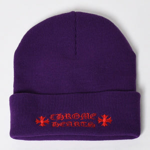 新品未使用 CHROME HEARTS クロムハーツ アクリル ビーニー ニットキャップ ONE SIZE 22cm CHプラス パープル レッド 刺繍 中古 4a009392