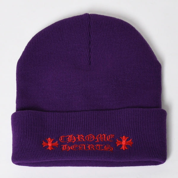 新品未使用 CHROME HEARTS クロムハーツ アクリル ビーニー ニットキャップ ONE SIZE 22cm CHプラス パープル レッド 刺繍 中古 4a009392