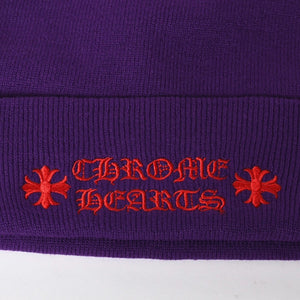 新品未使用 CHROME HEARTS クロムハーツ アクリル ビーニー ニットキャップ ONE SIZE 22cm CHプラス パープル レッド 刺繍 中古 4a009392