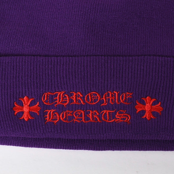 新品未使用 CHROME HEARTS クロムハーツ アクリル ビーニー ニットキャップ ONE SIZE 22cm CHプラス パープル レッド 刺繍 中古 4a009392