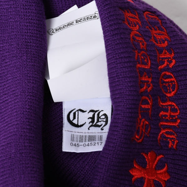 新品未使用 CHROME HEARTS クロムハーツ アクリル ビーニー ニットキャップ ONE SIZE 22cm CHプラス パープル レッド 刺繍 中古 4a009392