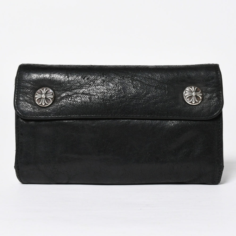 CHROME HEARTS クロムハーツ WAVE CROSS BTN ウェーブ クロスボールボタン デストロイレザーウォレット 長財布 ブラック 美品 中古 4a009622