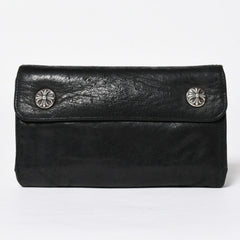 CHROME HEARTS クロムハーツ WAVE CROSS BTN ウェーブ クロスボールボタン デストロイレザーウォレット 長財布 ブラック 美品 中古 4a009622