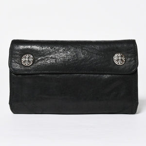 CHROME HEARTS クロムハーツ WAVE CROSS BTN ウェーブ クロスボールボタン デストロイレザーウォレット 長財布 ブラック 美品 中古 4a009622